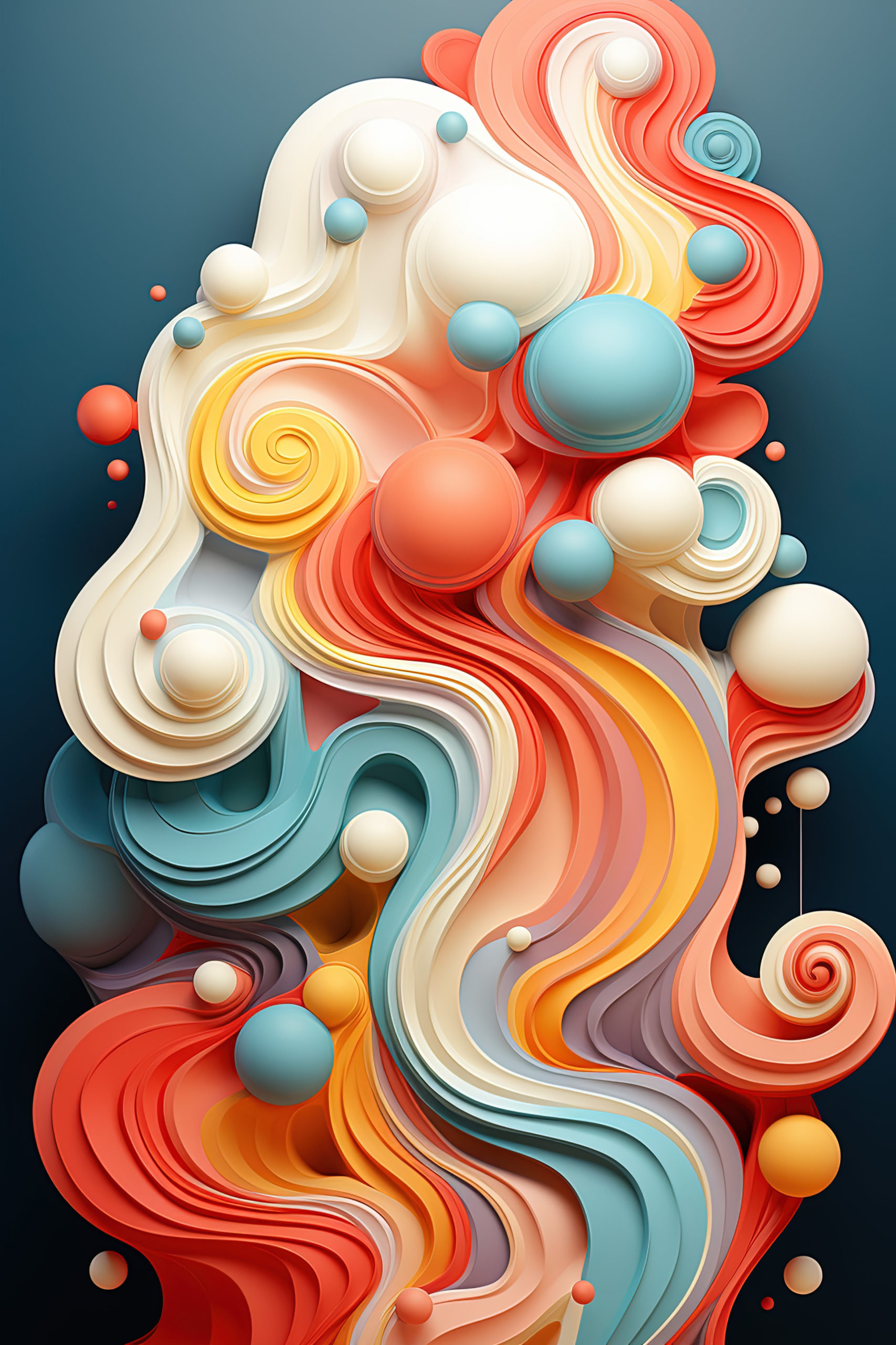 Abstract 3d liquid shapes wallpaper. Colorful pattern, soft undulating three dimensional forms, digital art, gouache, vertical ai poster. Modern trending background generated artificial intelligence.